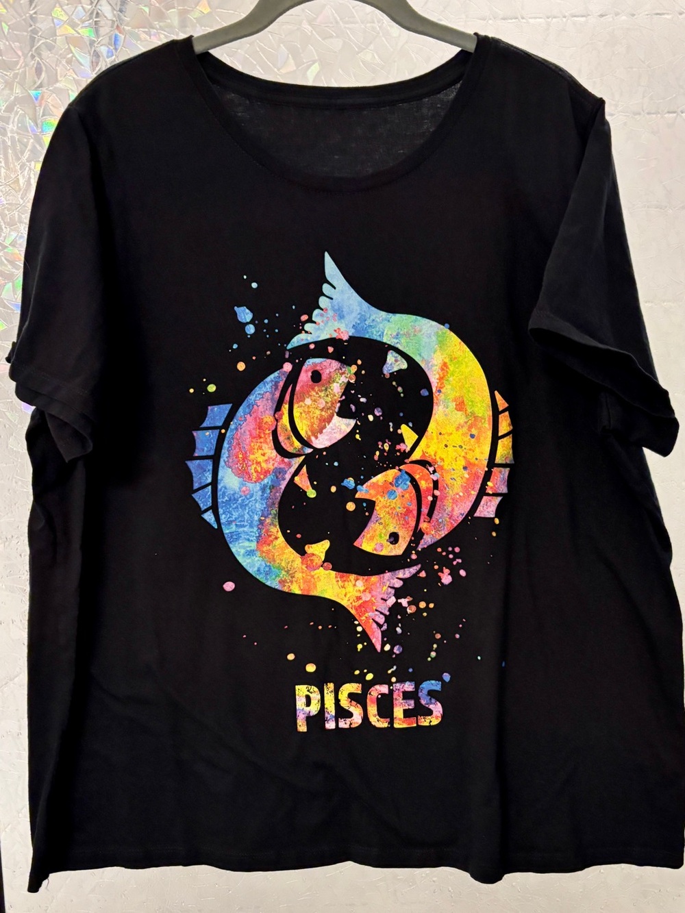 Gildan Black Tee with Multicolor Rainbow Pisces Fish Graphic